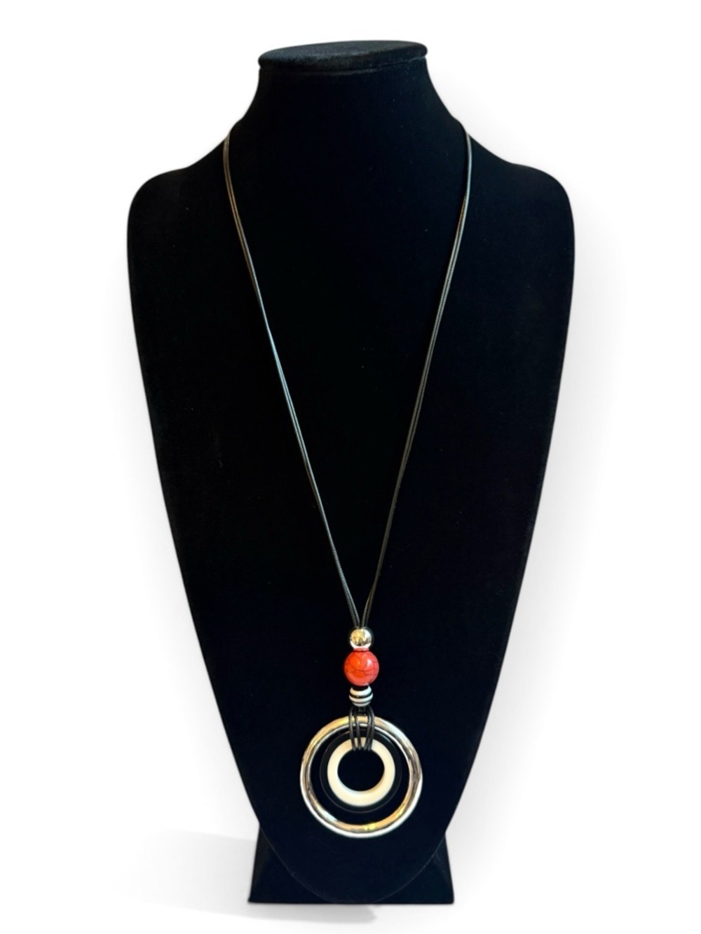 CHICO'S Black White Cord Statement Pendant Necklace NWT